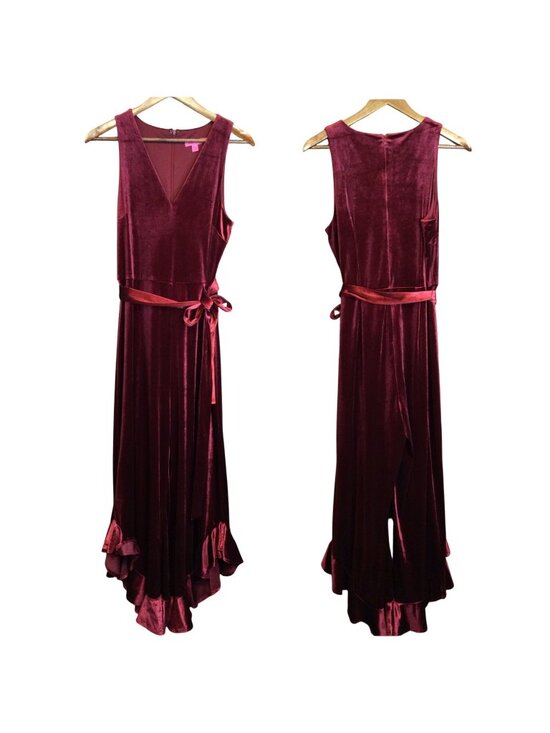 Betsey Johnson Pants - Betsey Johnson Velvet Jumpsuit Sleeveless Ruffled Wide Leg Red Burgundy Size 8